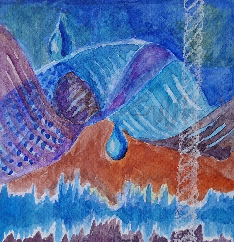 Abstract watercolor painting featuring flowing shapes in shades of blue and brown, with a textured background and various patterns.